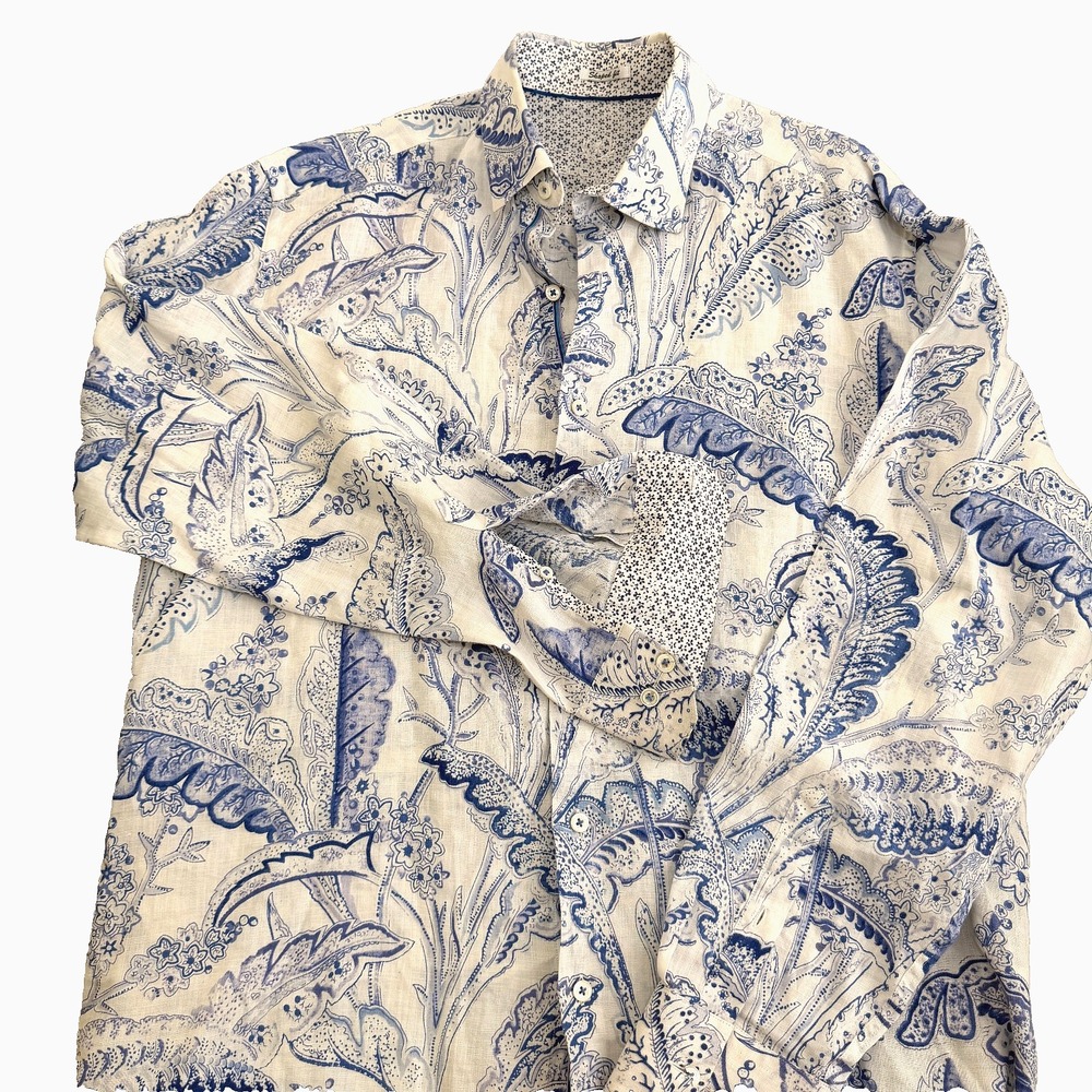 Bugatchi Mens Shirt M Linen Blue White Paisley Long Sleeve Button Down